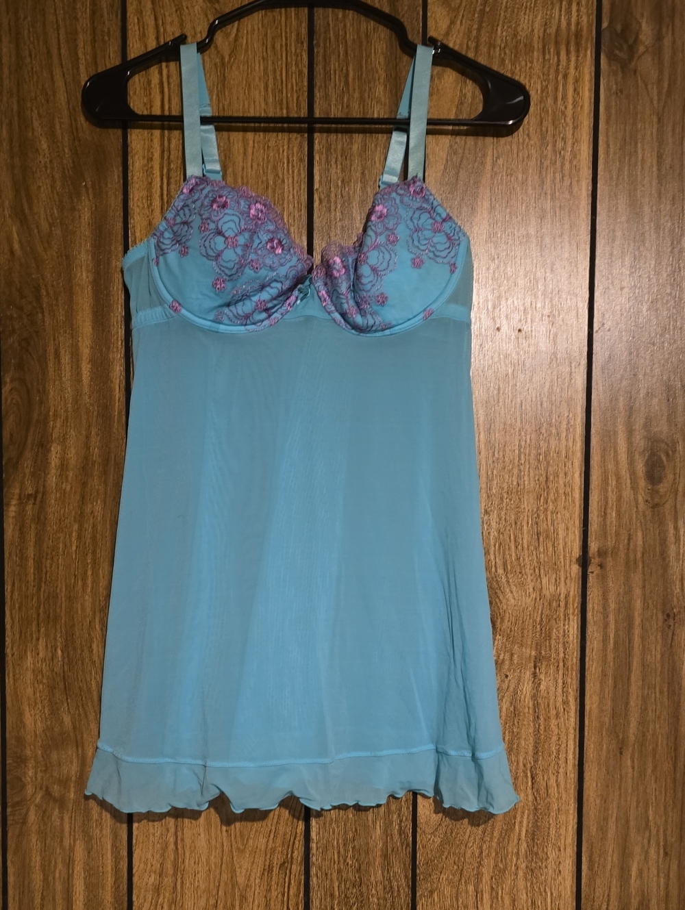 Ambrielle Light Blue Chemise with Pink Lace Embroidery